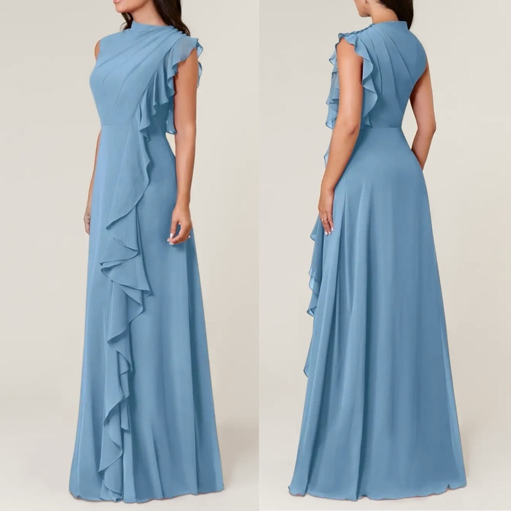 Azazie Narine A-Line High Neckline Pleated Chiffon Formal Dress Steel Blue A10